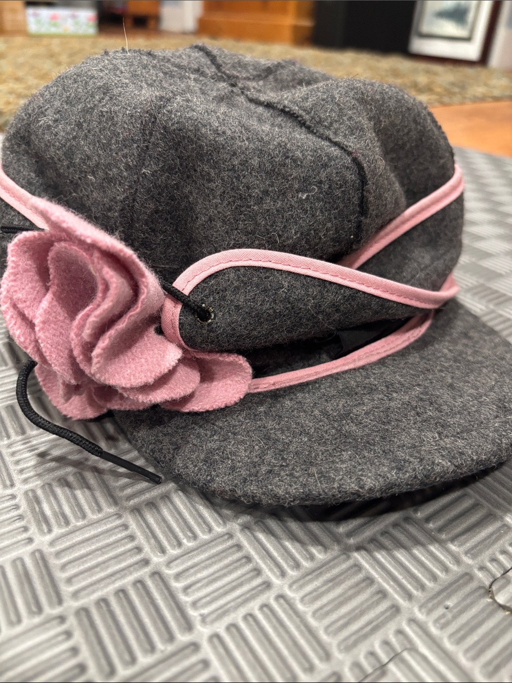 Wool Blend Gray Cap with Pink Flower Accent